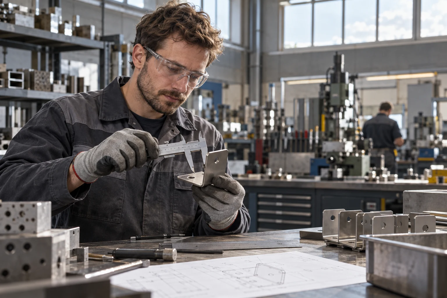 Prüfung eines Bauteils am Werkstatttisch — KI-Bildstudie