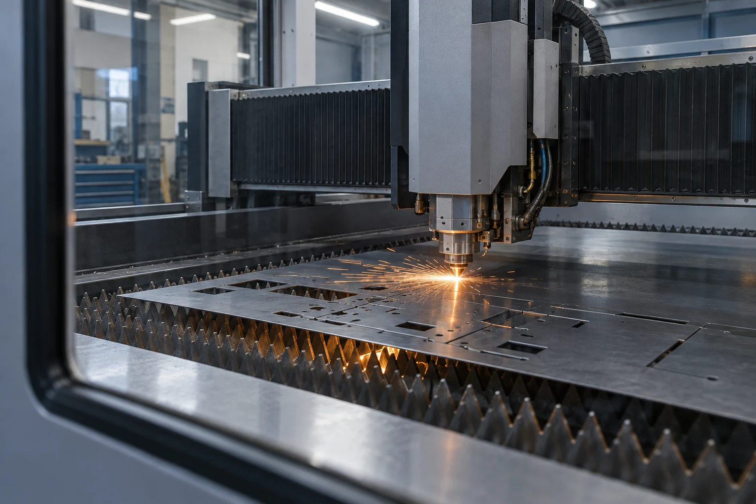 Laserschneiden im geschützten Maschinenraum — KI-Bildstudie