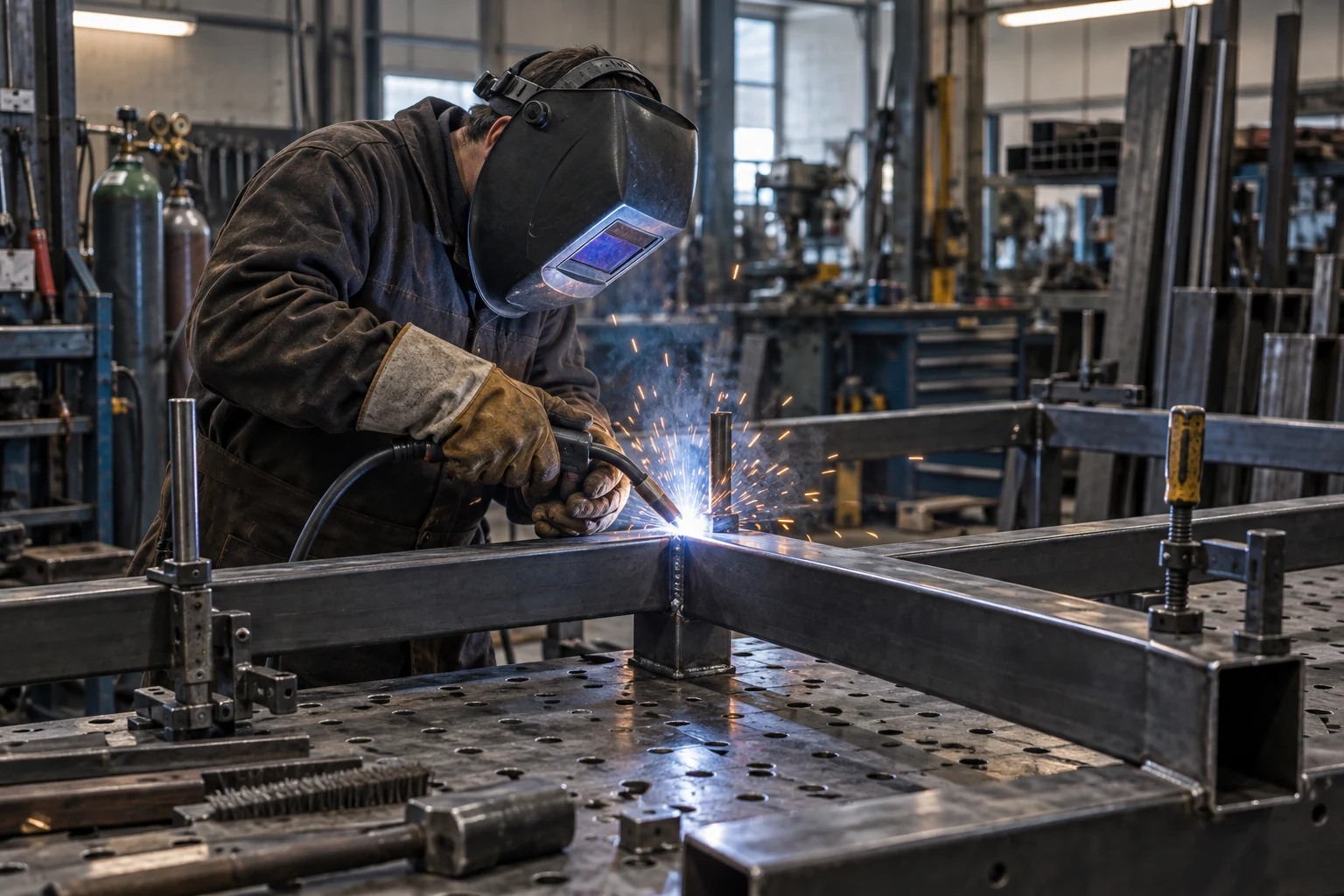 Schweißarbeit mit Schutzausrüstung — KI-Bildstudie