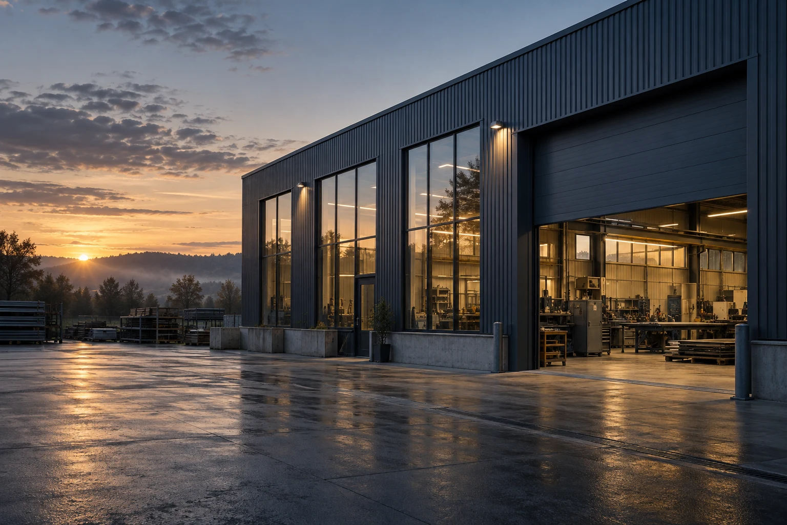 Werkstatthalle im Morgenlicht — KI-Bildstudie
